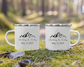 Personalisierte Paar Berg Camping Tassen, benutzerdefinierte Bachelorette Emaille Tasse, Kaffeetasse Einzigartiges Jubiläum Verlobungsgeschenk, Braut Party Favor