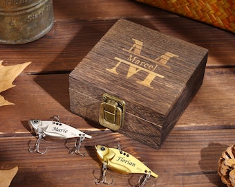 Personalized Fish Hook Bait Set,Custom Metal fishing Lure with Wooden Box,Fisherman Gift for Dad,Fishing Gifts For Him,Gift for Boyfriend