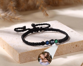 Custom Photo Projection Birthstone Bracelet,Handmade Braided Photo Bracelet,Memorial Photo Bracelet Men, Fathers Day Gift for Dad Husband