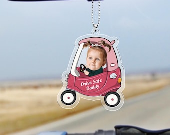 Kör säkert pappa akryl bilprydnad, första fars dag-present till honom, pappapresent, anpassad hängande bilfoto bilprydnad med ansikte, ny pappapresent
