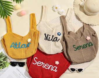 Sac de plage tricoté personnalisé avec nom personnalisé, cabas de vacances pour femme, cabas de plage d'été, cadeau pour demoiselles d'honneur meilleures amies