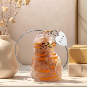 Pode incluir: Um enfeite transparente em forma de gato com listras laranja e um rosto preto. O enfeite tem um laço de arame prateado e uma etiqueta em forma de coração que diz "Nancy". O enfeite é preenchido com um material castanho claro.