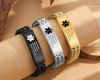 Diabetic Alert Bracelet for Men - Medical ID Bracelet for Type 1 Diabetes - Stainless Steel Engraved Medical Information Tag