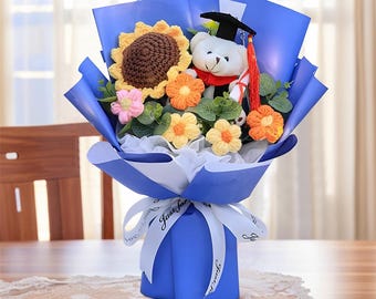Handmade Graduation Bouquet Crochet Sunflower,Crochet Flower with Graduation Bear,Graduation Gifts,Gift for Graduates,2025 Graduation Gifts