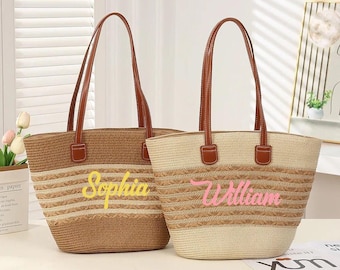 Custom Beach Straw Bags with name.Beach Party Favors.Bachelor Party Tote Bag Gift.Beach Straw Tote Bag,Bridal Shower Bag,Beach Bag For Her