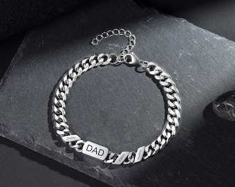 Pulsera personalizada de acero inoxidable grabada, pulsera personalizada para hombre, pulsera grabada personalizada, pulsera para hombre. Regalo para el Día del Padre o para tu esposo.