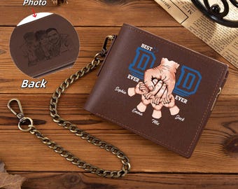 Personalisierte Dad Fist Bump Lederfotobrieftasche, individuell gravierte Fotobrieftasche, Herrenbrieftasche mit KidsName, Geschenk für Vatertagsgeschenk