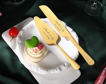 Personalized Wedding Cake Set Custom Cutting Set Gift Pie Pastry With Box Anniversary Housewarming Keepsake for Couple Forks, Knife Gold