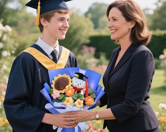 Examenspresent Handgjord virkad bukett, Solrosbukett med björn, För alltid blommapresent Examenspresent till honom och henne, Examenspresent 2025