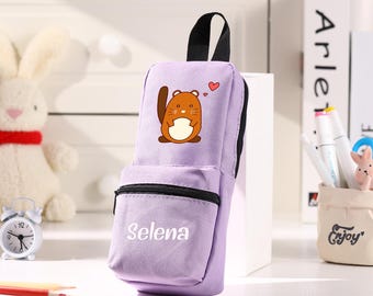 Kids School Pencil Case - Custom Name with Cute Animals, Durable Double Zipper, Gift for Students or First Day of School