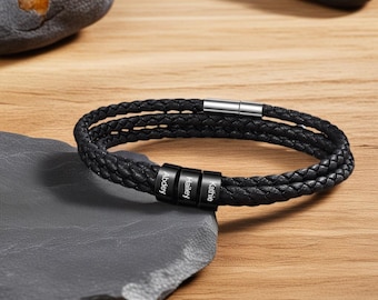 Personalized Black Braid Leather Bracelets for Men,Custom 1-6 Kids Names Bracelet for Husband,Mens Leather Jewelry,Gifts for Husband Dad