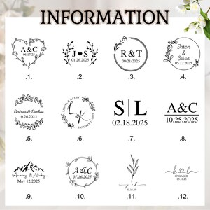 May include: A collection of twelve personalized design options, each featuring unique text and dates. The designs include floral wreaths, initials, and mountain graphics. The text includes names, initials, and dates, perfect for weddings or special events.