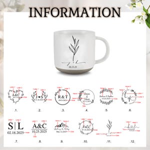 May include: White ceramic mug with a gray base, featuring a minimalist botanical design and the initials "j + h" with the date "02.15.25". The mug has a curved handle and is suitable for hot beverages.