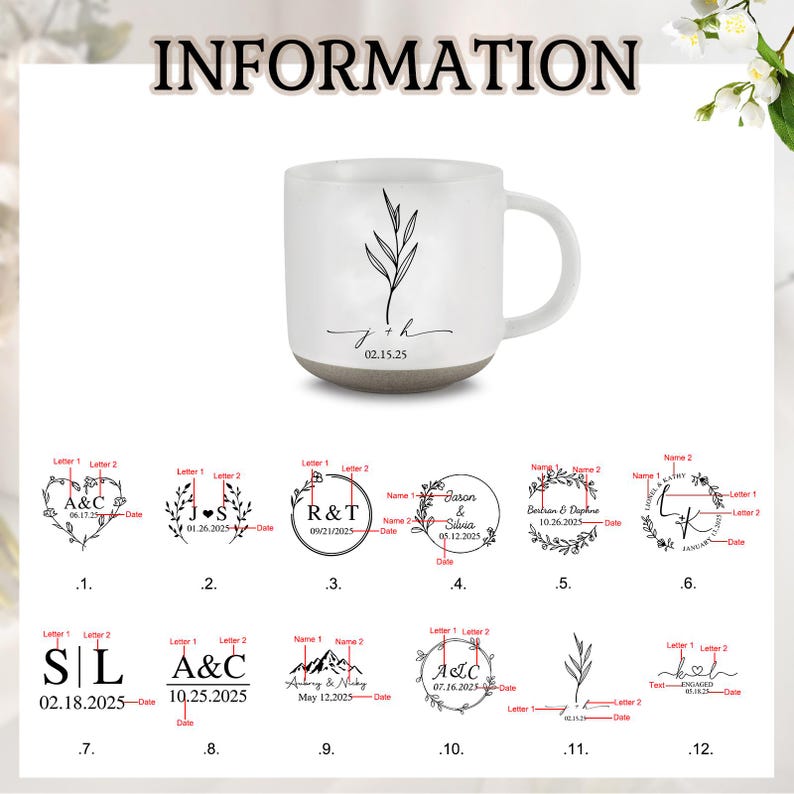 May include: White ceramic mug with a gray base, featuring a minimalist botanical design and the initials "j + h" with the date "02.15.25". The mug has a curved handle and is suitable for hot beverages.