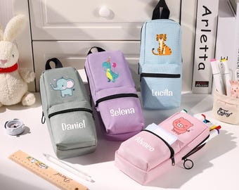 Personalisierte Kinder Federmäppchen - Süßes Tierdesign mit Namen, Schultasche mit doppeltem Reißverschluss, Geschenk für den ersten Schultag für Kinder