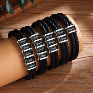 Pulsera de cuentas personalizada con nombre, pulsera de cuero trenzado para hombre, ideal para esposo y papá, regalo para el Día del Padre, pulsera grabada.
