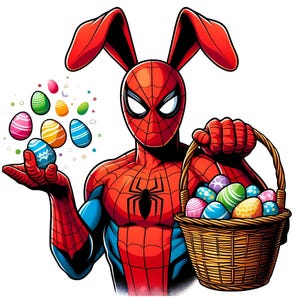 May include: A red and blue superhero, wearing bunny ears, holds a basket of colorful Easter eggs.