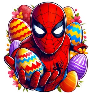 May include: A red and blue cartoon superhero, Spider-Man, is holding a colorful Easter egg. He is surrounded by other colorful Easter eggs, including yellow, purple, and red eggs with white zig-zag patterns.