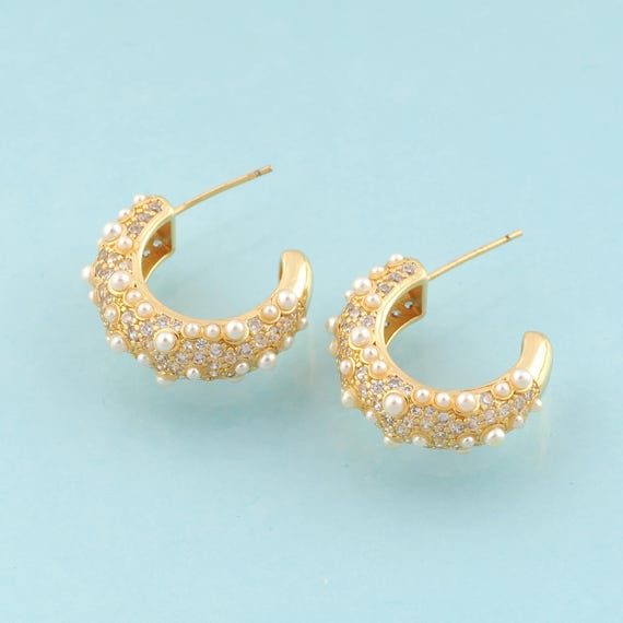 Gold CZ Open Stud Earrings,Pearl Jewelry Stud Earrings,Hoop Stud Earrings,Gift for Her,18K Gold