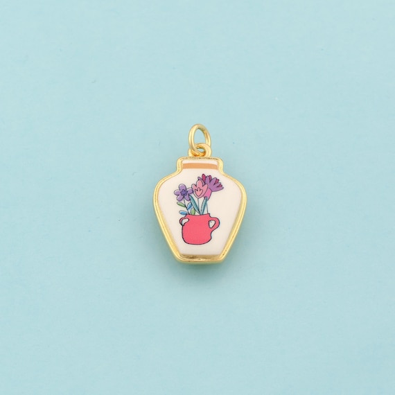 Gold Vase Charms,Flower Jewelry,Enamel Vase Pendant for DIY Jewelry Making,18K Gold