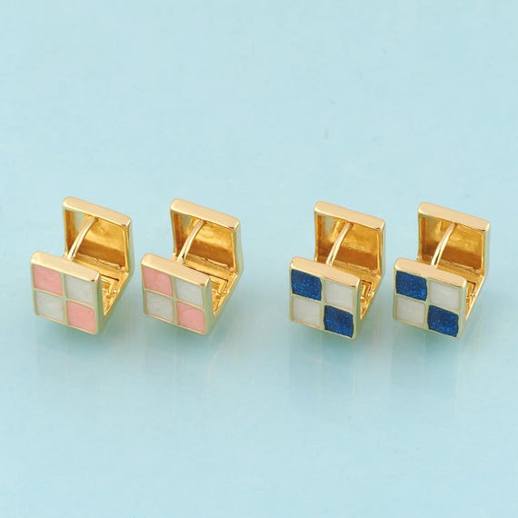 Gold Enamel Chessboard Earrings,Hoop Jewelry Earrings,Hoop Earrings,Gift for Her,18K Gold