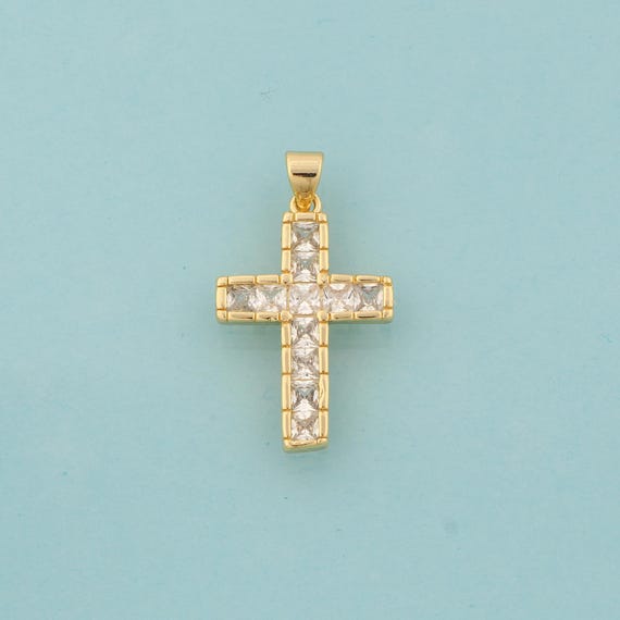 Gold CZ Cross Charms,Religious Jewelry,Christian Pendant for DIY Jewelry Making,18K Gold