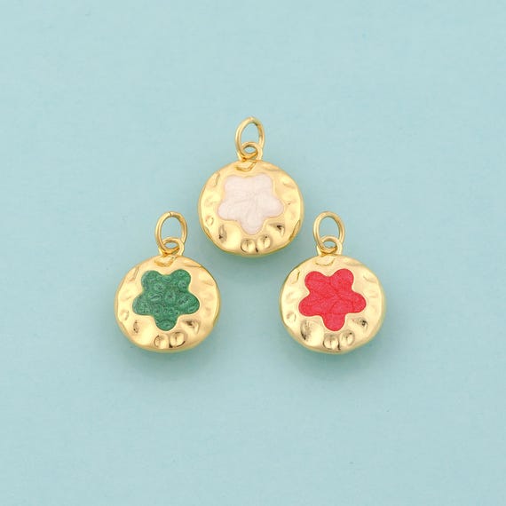 Gold Flower Charms,Round Jewelry,Enamel Flower Pendant for DIY Jewelry Making,18K Gold