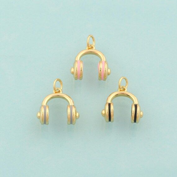 Gold Headphone Charms,Enamel Headphone Jewelry,Headphone Pendant for DIY Jewelry Making,18K Gold