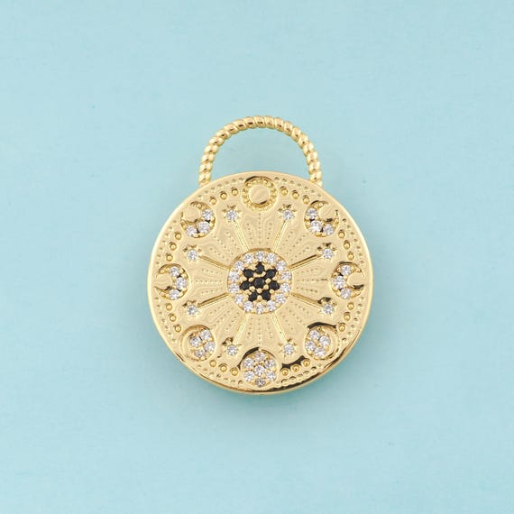Gold CZ Astrolabe Charms,Round Jewelry,Moon Pendant for DIY Jewelry Making,18K Gold