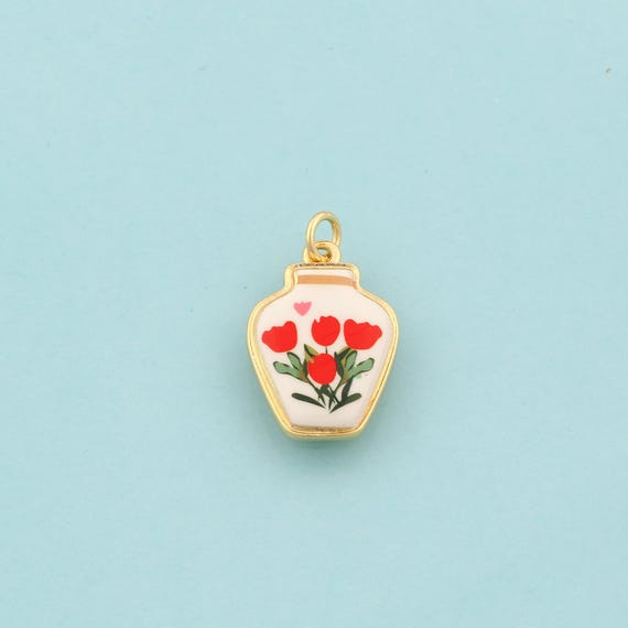Gold Vase Charms,Flower Jewelry,Enamel Vase Pendant for DIY Jewelry Making,18K Gold