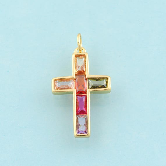 Gold CZ Cross Charms,Religion Jewelry,Christian Pendant for DIY Jewelry Making,18K Gold