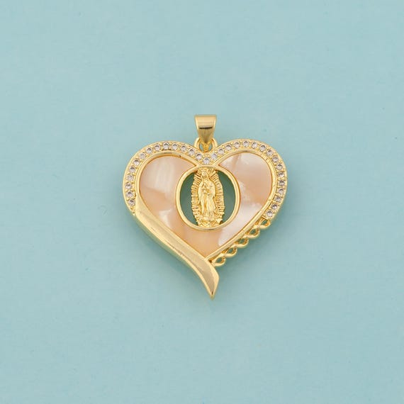 Gold CZ Virgin Mary Charms,Heart Jewelry,Fritillaria Catholic Pendant for DIY Jewelry Making,18K Gold
