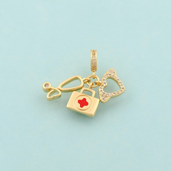Gold CZ Stethoscope Charms,First Aid Kit Jewelry,Enamel Heart Pendant for DIY Jewelry Making,18K Gold