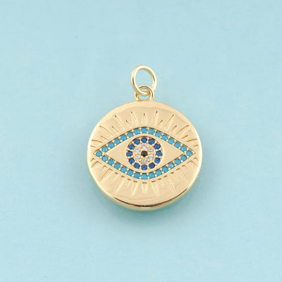 Gold CZ Evil Eye Charms,Devil Eye Jewelry,Round Pendant for DIY Jewelry Making,18K Gold