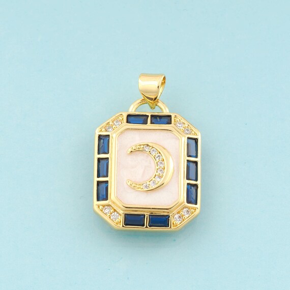 Gold CZ Moon Charms,Square Jewelry,Enamel Celestial Pendant for DIY Jewelry Making,18K Gold