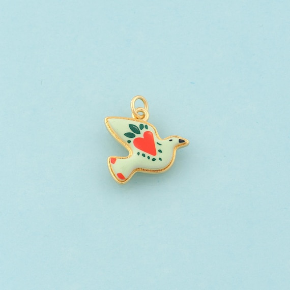 Gold Peace Dove Charms,Heart Jewelry,Enamel Animal Pendant for DIY Jewelry Making,18K Gold