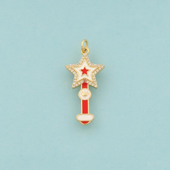 Gold CZ Magic Wand Charms,Star Jewelry,Enamel Magic Wand Pendant for DIY Jewelry Making,18K Gold