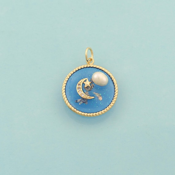Gold CZ Moon Star Charms,Celestial Jewelry,Enamel Round Pendant for DIY Jewelry Making,18K Gold