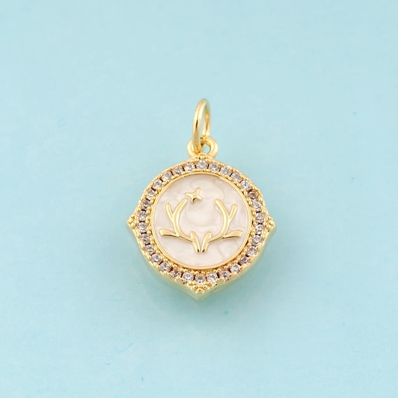 Gold CZ Antler Charms,Round Jewelry,Fritillary Antler Pendant for DIY Jewelry Making,18K Gold