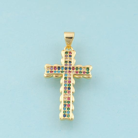 Gold CZ Cross Charms,Religious Jewelry,Christian Pendant for DIY Jewelry Making,18K Gold