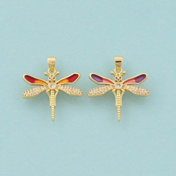 Gold CZ Dragonfly Charms,Insect Jewelry,Enamel Dragonfly Pendant for DIY Jewelry Making,18K Gold