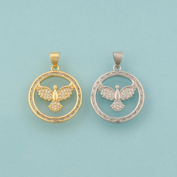 Gold CZ Holy Spirit Dove Charms,Animal Jewelry,Round Pendant for DIY Jewelry Making,18K Gold