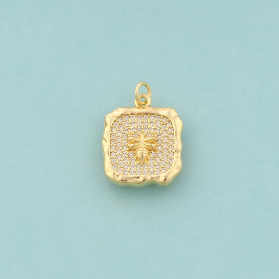 Gold CZ Bee Charms,Insect Jewelry,Square Pendant for DIY Jewelry Making,18K Gold