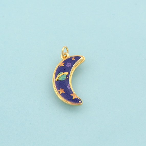 Gold Enamel Moon Star Charms,Saturn Jewelry,Celestial Pendant for DIY Jewelry Making,18K Gold