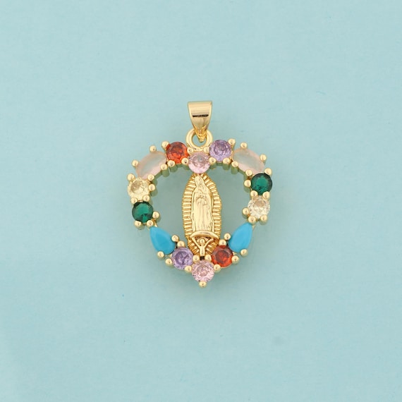 Gold CZ Virgin Mary Charms,Heart Jewelry,Catholic Pendant for DIY Jewelry Making,18K Gold