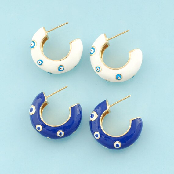 Gold Enamel Open Stud Earrings,Evil Eye Jewelry Stud Earrings,Thick Stud Earrings,Gift for Her,18K Gold
