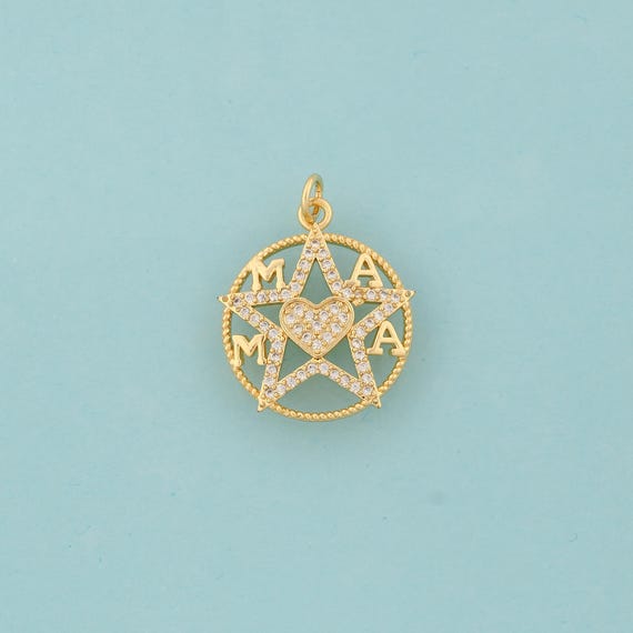 Gold CZ Star Charms,Heart Jewelry,MAMA Pendant for DIY Jewelry Making,18K Gold
