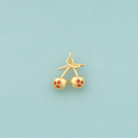 Gold CZ Cherry Charms,Fruit Jewelry,Cherry Pendant for DIY Jewelry Making,18K Gold
