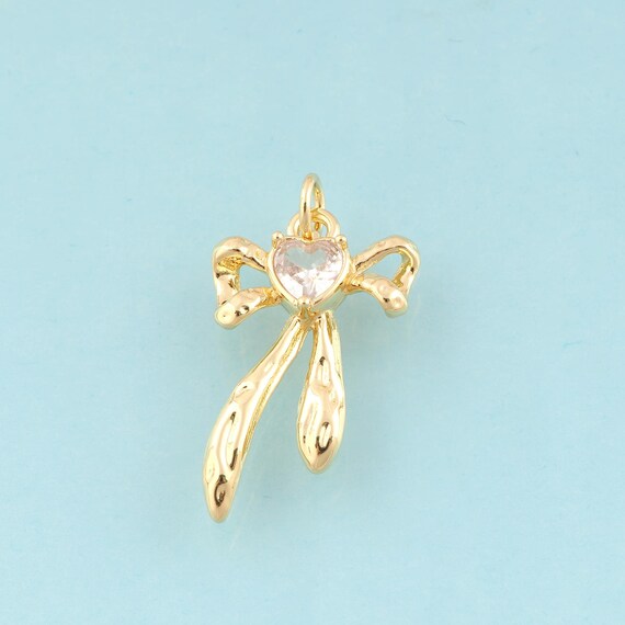 Gold CZ Bow Charms,Heart Jewelry,Bow Pendant for DIY Jewelry Making,18K Gold