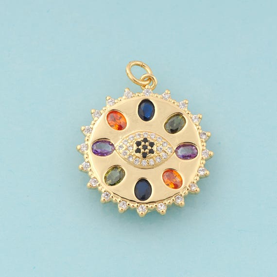 Gold CZ Round Charms,Evil Eye Jewelry,Devil Eye Pendant for DIY Jewelry Making,18K Gold